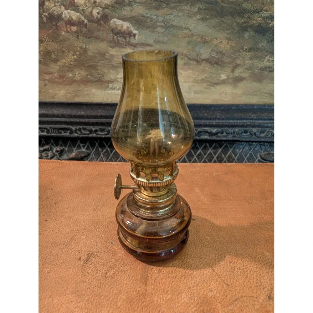 Vintage Miniature Amber Glass Oil Lamp 4 Inch Brass Hardware Hurricane Chimney